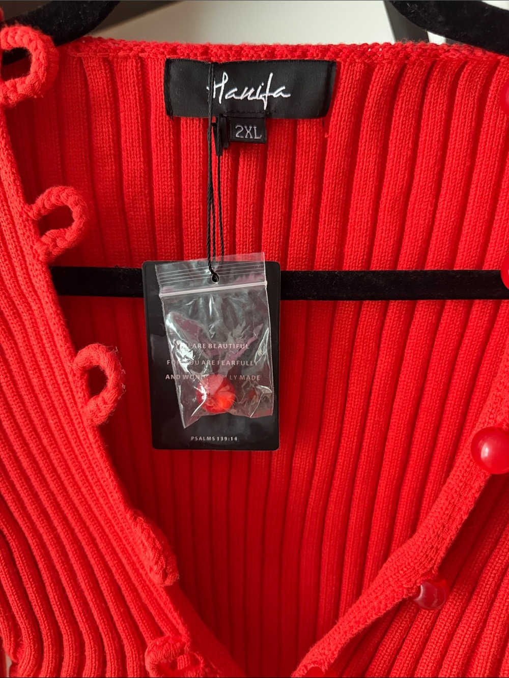 HANIFA Red Ribbed Cropped Cardigan with Loop-Button Trim - Picture 6 of 6